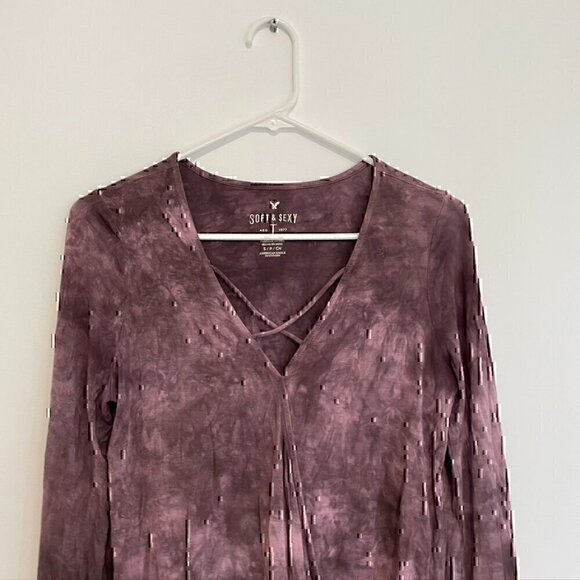 AMERICAN EAGLE Soft Sexy T Tie Dye Faux Wrap Top Purple Surplice Long Sleeve S - Picture 3 of 12